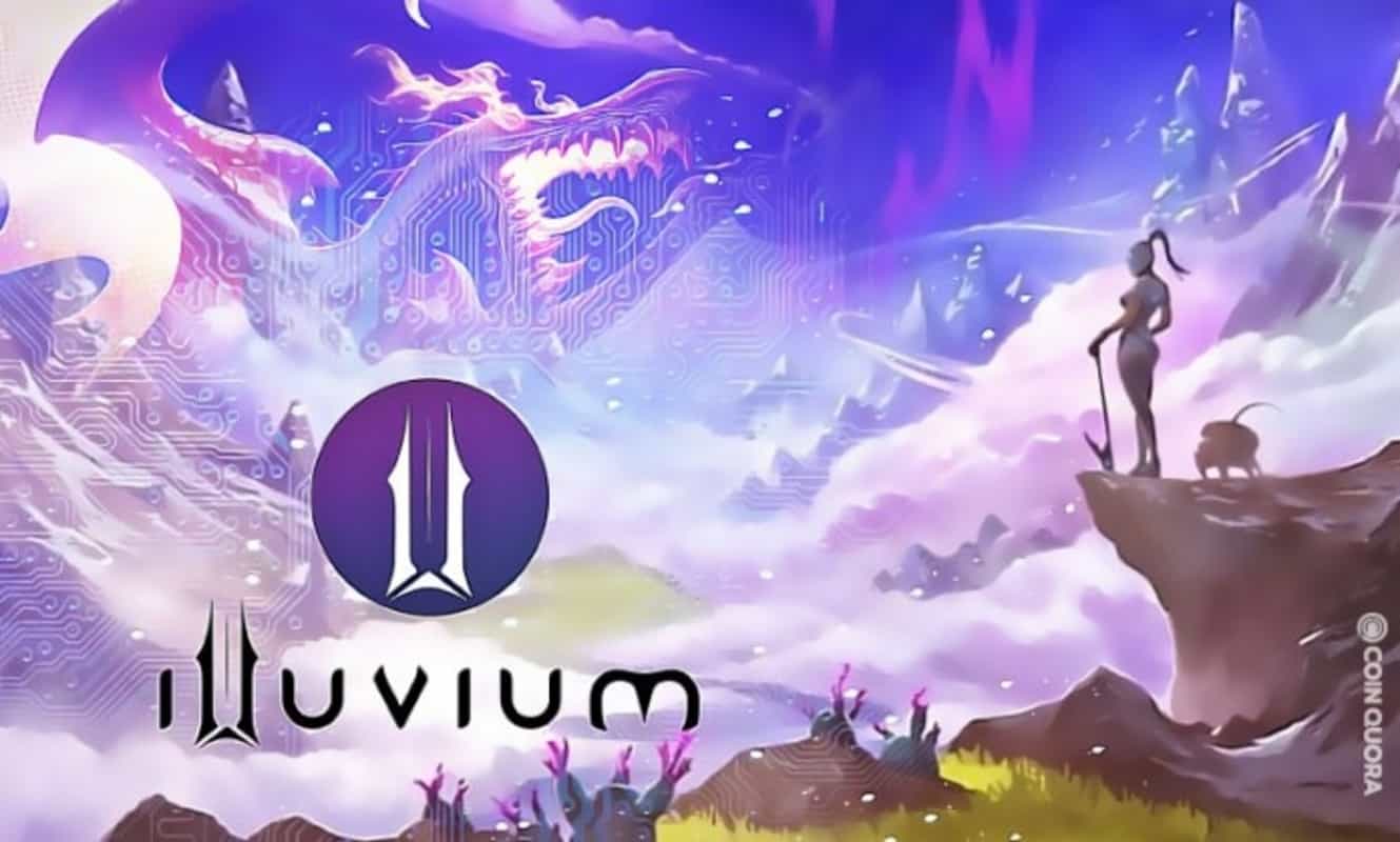 A female warrior standing on a cliff looking out at clouds shaped like a winged dragon in the Illuvium metaverse game